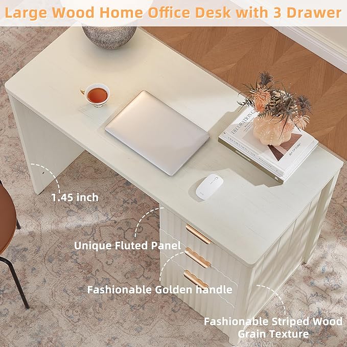 LEYAOYAO Office Desk 48" with 3 Drawers Storage File Cabinet Wood Fluted Desk for Computer Office Bedroom Home Furniture White
