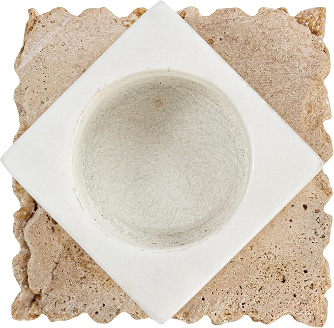 Bloomingville Decorative Marble and Travertine Candle Holder, White and Natural