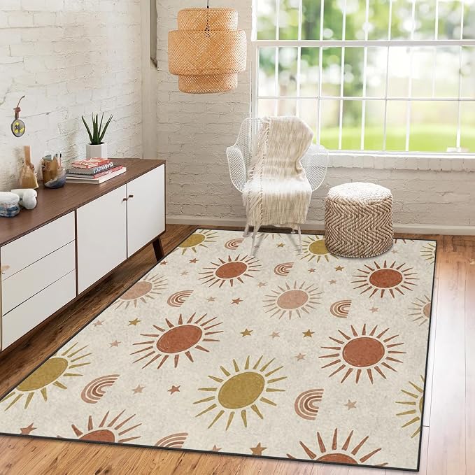 Area Rugs 2'x3' Washable Rug, Boho Sun Rainbow Stain Resistant Non Slip Backing Terracotta Earthy Carpet for Living Room Bedroom Dining Room