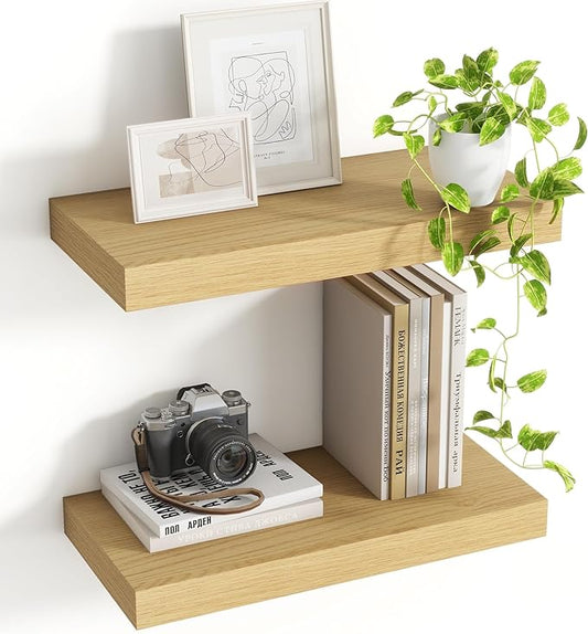 16 Inch Floating Shelves, 8 Inch Deep Floating Shelves for Wall, Hanging Shelf with Invisible Brackets, Deep Shelves for Bathroom, Bedroom, Living Room, Oak, Set of 2