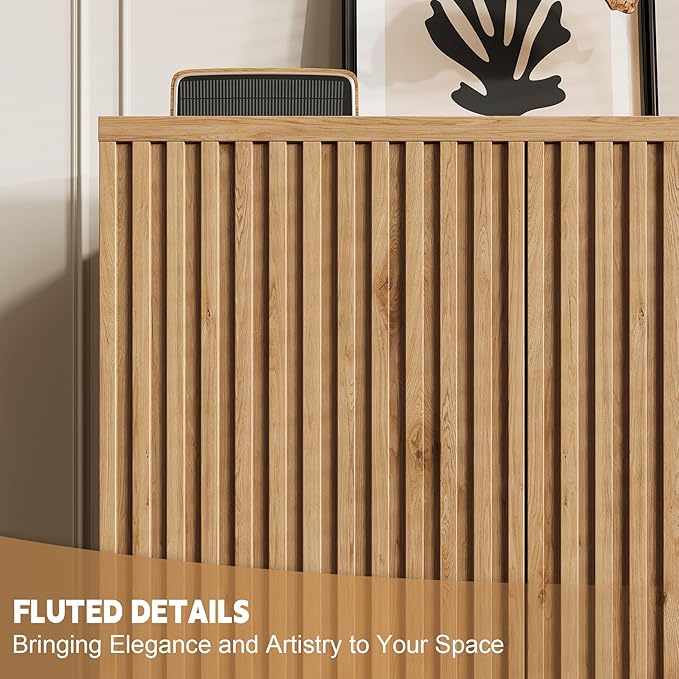 Rophefx Fluted Sideboard Cabinet, 63" Buffet Cabinet with Storage, Credenza Storage Cabinets with Adjustable Shelf, Wood Entryway Cabinets with Pop-up Doors for Living Room, Entryway, Hallway, Oak