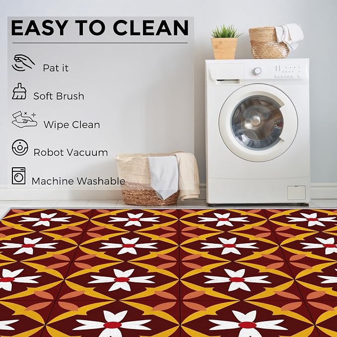 Geometric Flower Rugs for Entryway, 2x3 ft, Mid Century Modern Area Rugs for Bedroom Kitchen Entrance, Soft Non Slip Washable Retro Floral Indoor Door Mat Home Decorations Dt-Ghf-69