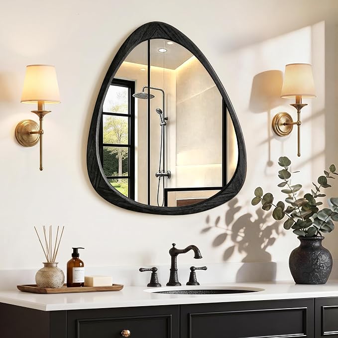 Asymmetrical Mirror, 24"x19" Unique Irregular Wall Mirror, Wood Mid Century Modern Mirror Decor for Bathroom Bedroom Living Room Entryway Hallway (Black)