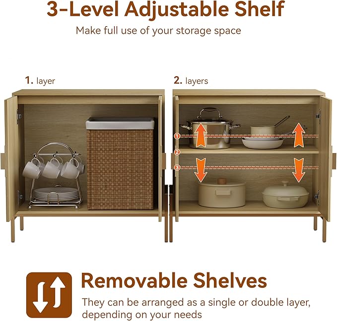 30.7" Accent Cabinet, Modern Buffet Cabinet with Gold Metal Legs, Fluted Sideboard for Dining Room, Kitchen, Oak