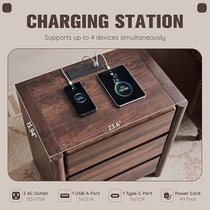 25" Tall Modern Nightstand Set of 2, 23.6" W Nightstand with Charging Station & 3 Storage Drawers & Open Shelf, Wood Night Stand w/Rounded Corner Design for Bedroom, Living Room (Brown)