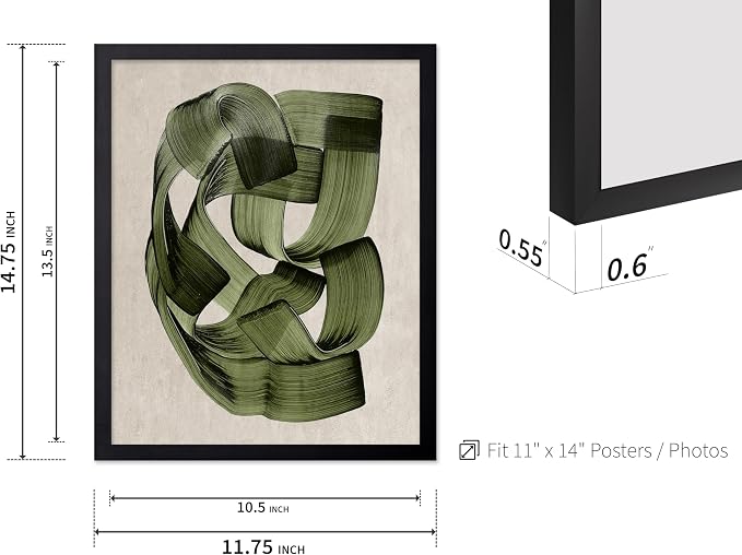 Poster Master Green Abstraction Poster - Brush Strokes Print - Painted Swirl Art - Chic Boho Design - Abstract Illustration - Great Office or Living Room Decor - 11x14 Black Framed