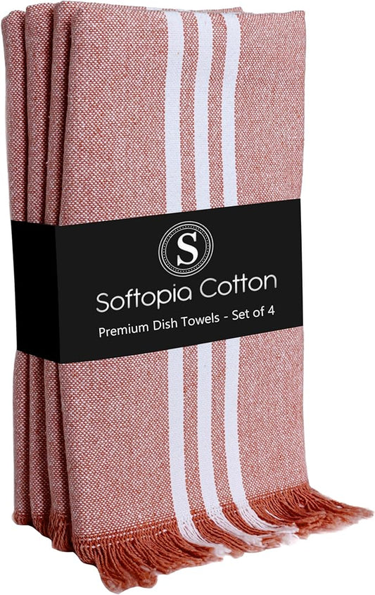 Stripe Kitchen Dish Towels 4 Pack, 16x26 Inches, Quick Drying Cloths, 100% Cotton, Absorbent Wash Rags, Washable and Reusable, Cleaning Towels for Dishes, Everyday Drying Use - Rust