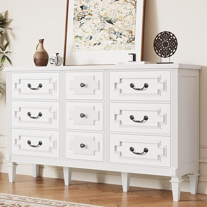 9 Drawer Dresser for Bedroom, 35.7" Tall Dresser & Chest of Drawers wtih Vintage Surface, Closet Storage Cabinet for Living Room, Hallway, White