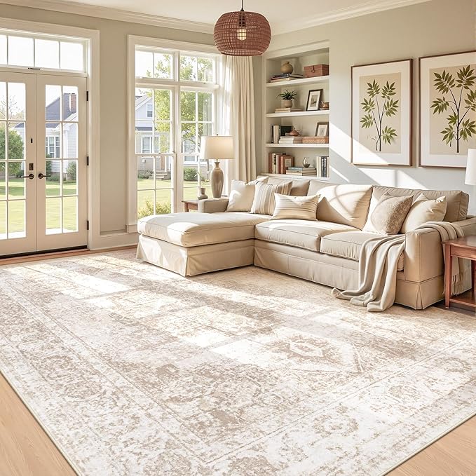 Area Rug 9x12 Vintage Rug: Large Washable Indoor Medallion Rugs Low Pile Distressed Floor Carpet Retro Accent Rug for Living Room Bedroom Kitchen Dining Table Home Office(Beige, 9'x12')