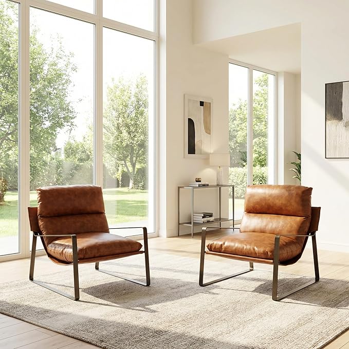 LukeAlon Modern PU Leather Accent Armchairs Set of 2, Upholstered Lounge Chair with Brass Metal Frame Thickened Cushion Single Sofa Chair Leisure Chair with Lychee Grain for Bedroom Living Room, Brown