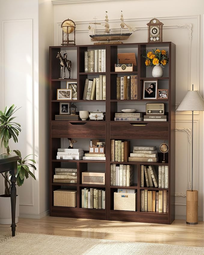 Armocity 16-Tier Tall Bookshelf Set of 2, 73.6" Narrow Freestanding Bookcase with 2 Drawers, Space-Saving Wood Display Shelves Storage for Living Room, Home Office Bedroom, Black Walnut