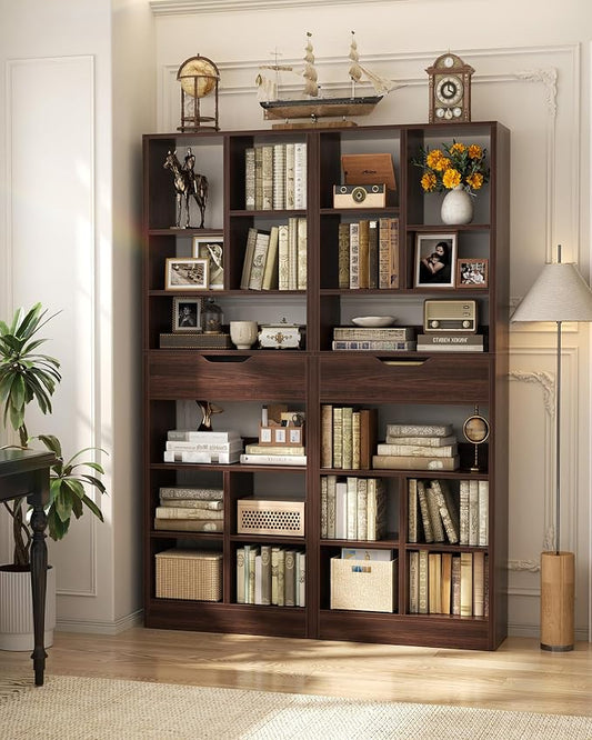 Armocity 16-Tier Tall Bookshelf Set of 2, 73.6" Narrow Freestanding Bookcase with 2 Drawers, Space-Saving Wood Display Shelves Storage for Living Room, Home Office Bedroom, Black Walnut