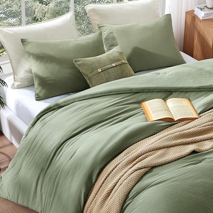 WRENSONGE Twin XL Size Comforter Sets - 3 Pieces Green Comforter Prewashed Soft Lightweight for All Seasons, Fluffy Down Alternative Comforter Twin XL Size with 2 Pillow Shams