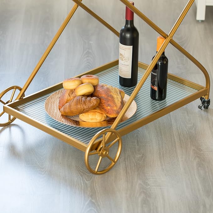 Vintiquewise Gold Metal Bar Cart with Wheels & Handles, Vintage Rolling Liquor Cart, Glass Shelves, Portable Mini Bar for Home, Dining, Living Room, Entryway, Modern Bar Cart