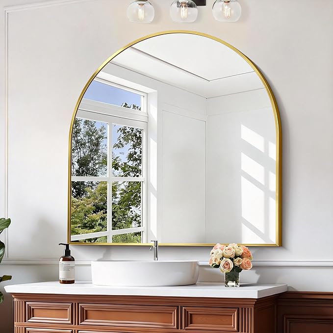 CIRCUMI Arched Wall Mirror, 42"x42" Gold Arched Mirror with Tempered Glass, Metal Frame, Large Size for Entryway Table, Mantel,Living Room,Over Sink,Arch Mirror for Decor,Shatterproof&Crystal-Clear