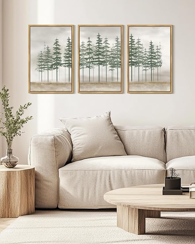 KUVIOKE Green Foggy Misty Pine Tree Framed Canvas Wall Art Watercolor Nature Abstract Forest Wall Decor Rustic Minimalist Painting for Bedroom Dining Room 16x24in (Natural Framed)