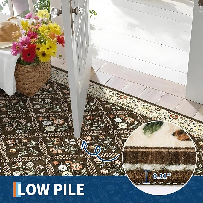 GarveeHome Washable Kitchen Runner 2x6 Non-Slip Floral Carpet Runner for Entryway Indoor Ultra Soft Stain Resistant Long Rugs Farmhouse Floor Mat for Hallways Laundry Bedroom Brown