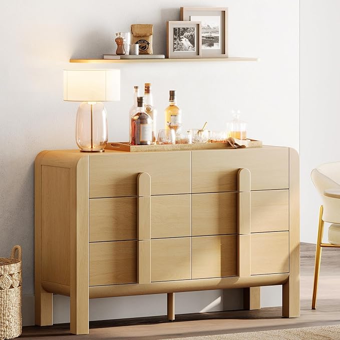 WAMPAT 47.2" W Buffet Cabinet with 6 Drawers, Modern Sideboard Buffet Cabinet with Storage, Buffet Table Coffee Bar Wine Bar Storage Cabinet for Dining Room, Living Room, Hallway, Oak