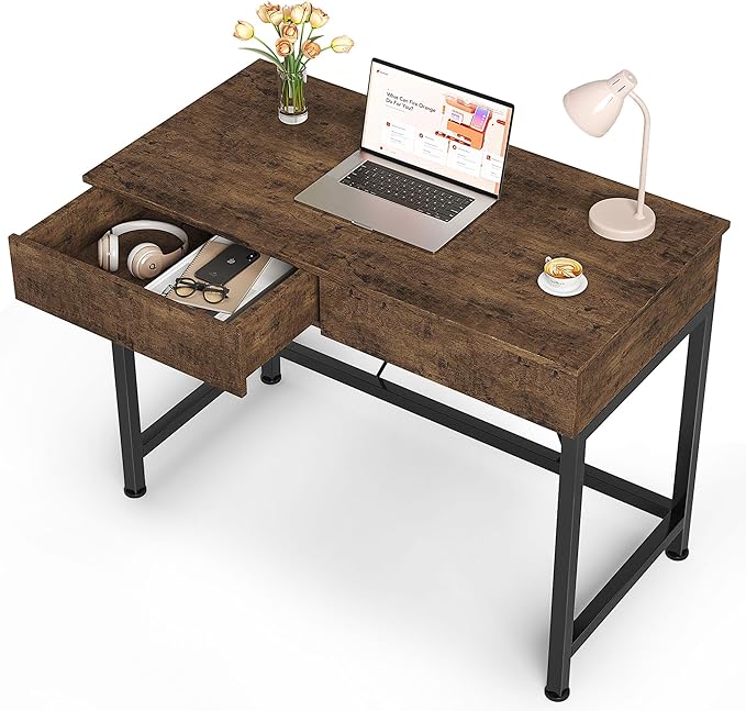 Mexin Small Desk with 2 Wooden Drawers, 40 Inch Home Office Writing Desk, Vanity Desk with Storage, Computer Desk for Bedroom Small Spaces, Table for Office, Kids Study, Makeup, Rustic Brown