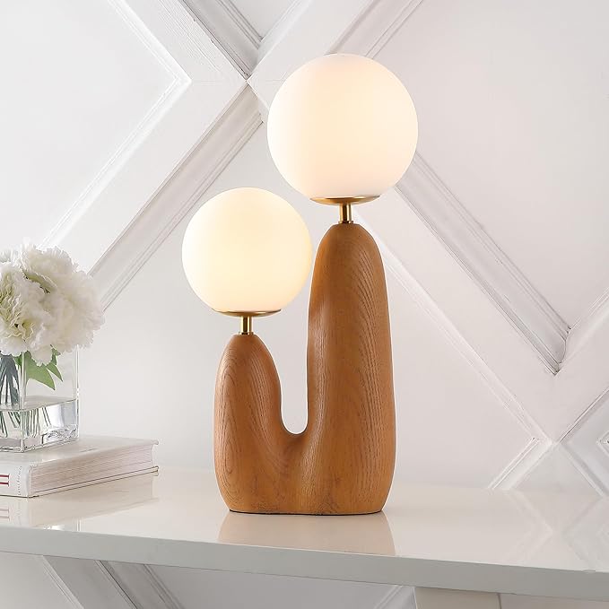 JONATHAN Y JYL4065A Oda 17.75" 2-Light Modern Bohemian Resin/Iron/Frosted Glass Danish Cactus LED Table Lamp, Brown Wood Finish, for Living Room, Office, Bedroom