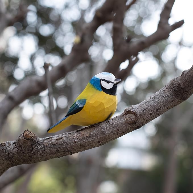 Handmade Eurasian Blue Tit Bird Figurine, Wooden Eurasian Blue Tit Carving, Unique Small Bird Statue for Home Décor or Collectible Gift