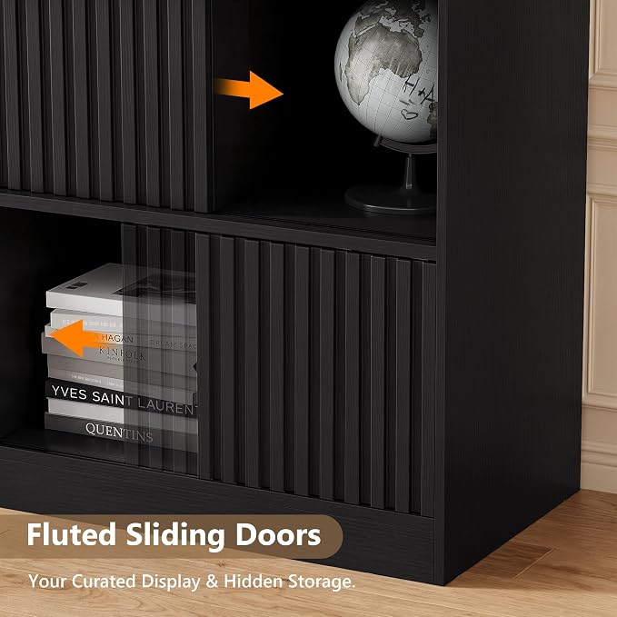 Einhomn 8 Cube Storage Organizer with Sliding Doors, Modern Fluted Bookshelf with Storage Cabinet, Wooden Bookcase with 4 Open Shelves for Living Room, Home Office, Bedroom, Black