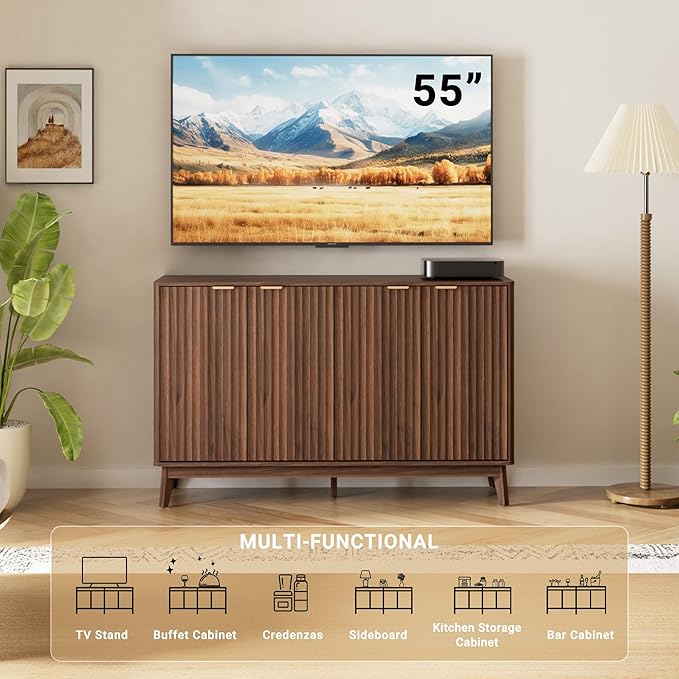 Buffet Cabinet, 55'' Walnut Coffee Bar Cabinet with Storage, Modern Fluted Sideboard Cabinet with Adjustable Shelf & Doors, Accent Credenza for Kitchen, Living Room, Entryway, Hallway