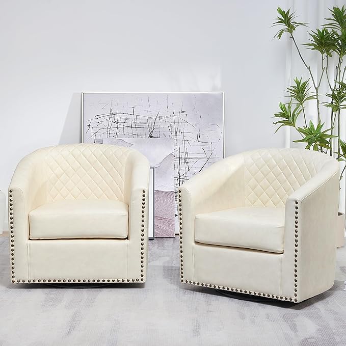 KINWELL 29" Wide Tufted Faux Leather Swivel Barrel Chair Set of 2, PU Leather Modern Upholstered Accent Chairs with Nailhead Trim, Small Armchair for Living Room Bedroom, Cream