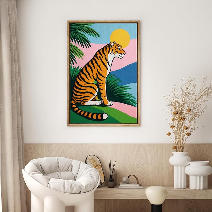 SIGNWIN Framed Canvas Print Wall Art Tropical Tiger with Palm Leaves Jungle Rustic Landscape Relax/Calm for Living Room, Bedroom, Office - 16"x24" Natural