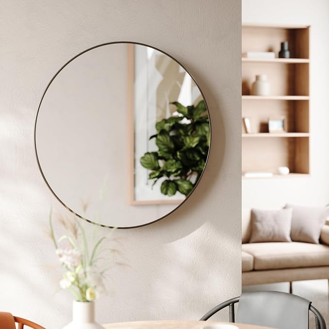 Umbra Hubba Round Wall Mirror with Metallic Frame, Modern Style for Bathroom, Entryway, Living Room and More, 34-Inch, Titanium