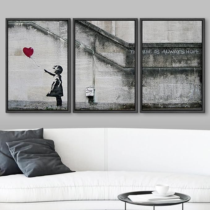 wall26 - 3 Piece Framed Canvas Wall Art - There is Always Hope - Girl and Red Heart Balloon - Street Art - Guerilla - Modern Home Art Stretched and Framed Ready to Hang - 24"x36"x3 Black