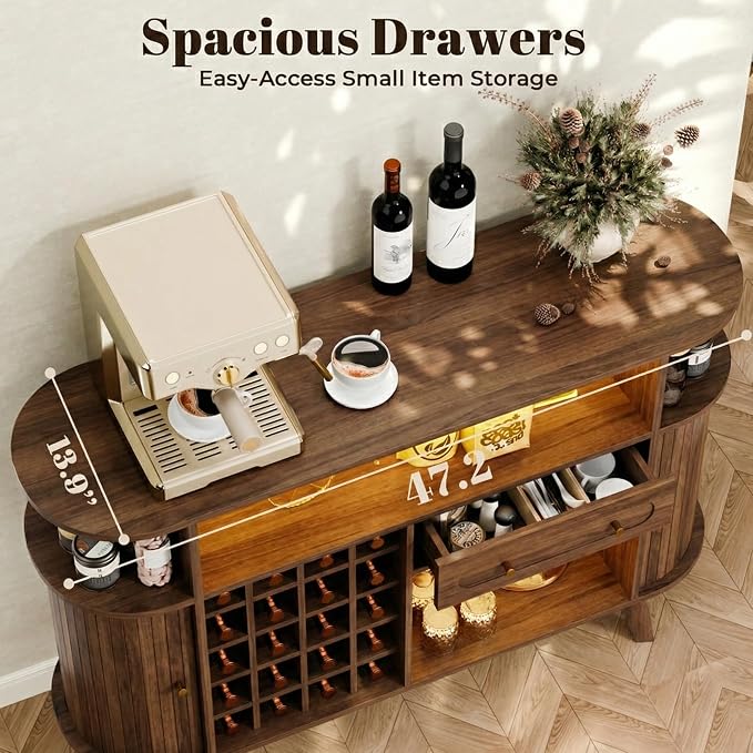 Loomie Wine Bar Cabinet with LED Light, Mid Century Modern Liquor Cabinet– 20-Bottle Rack, Glass Holder & Drawer, Buffet Sideboard, Coffee Bar Cabinet (Walnut)