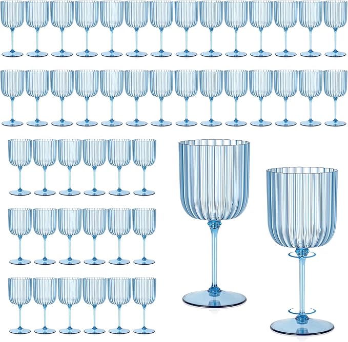 48 PCS Plastic Ribbed Wine Glasses 11oz Blue Detachable Wine Goblet Unbreakable Vintage Ripple Water Goblets Cocktail Drinking Cups for Parties Weddings Poolside Outdoors