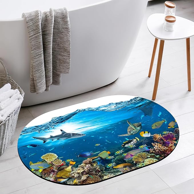 Bathroom Rug Mat Tropical Fish Colorful Coral Oval Bath Mat Doormat Absorbent Quick Dry Non Slip Diatom Mud Mat for Shower Tub Sink Laundry Kitchen Doorway 23.6x15.7 Inches