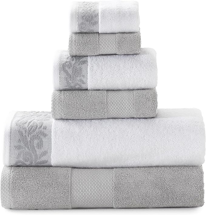 Modern Threads 600 GSM 6-Piece Towel Set with Filgree Jacquard Border, Silver