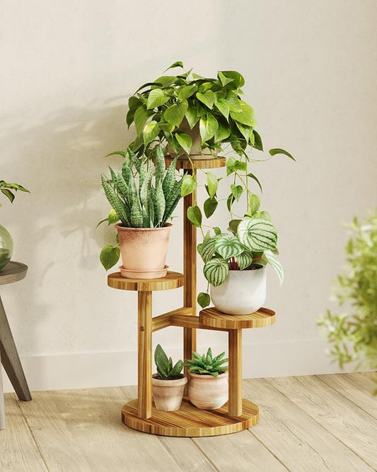 Bamworld 3 Tier Plant Stand Indoor, Corner Wood Plant Shelf for Multiple Plants, Small Tiered Round Flower Stand for Patio Garden Balcony Living Room Bedroom, Black