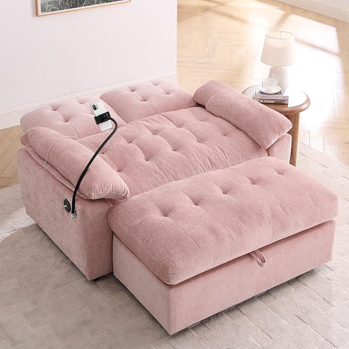 Oversized Chaise Lounge Chair Indoor, Double Convertible Recliner Reading Arm Sofa Chair W/Adjustable Backrest & Charging Port Couch Bed for Living Room, Home Theater & Bedroom, Pink