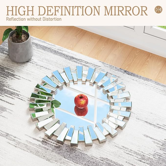 Sunburst Mirror - 26'' Sliver Starburst Mirror with Beveled Glass Frame, Modern Wall Decor Mirrors for Living Room, Hallway,Bedroom