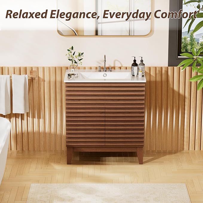 APRILSOUL 30" Bathroom Vanity with Ceramic Sink, Mid-Century Bathroom Vanity Cabinet with 2 Soft Closing Doors, Freestanding Bathroom Cabinet, Particleboard Frame with Wood Grain Laminate, Walnut