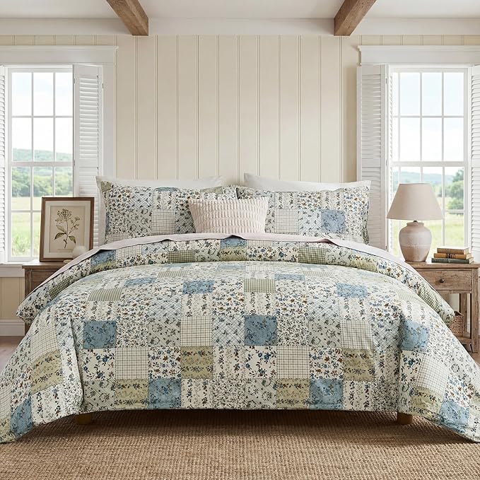 Blue Floral Duvet Cover Set King Size 100% Cotton Botanical Patchwork Vintage Bedding Quilt Cover All Season 3 Pieces Soft Lightweight Comforter Cover