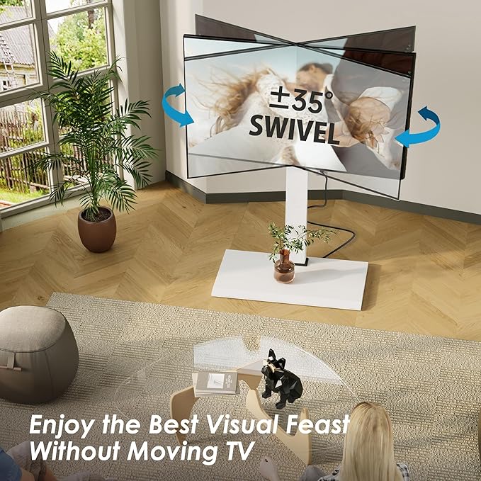 FITUEYES Iron Base Floor TV Stand with Power Strip, Tall TV Stand with Swivel Mount for 50-85 Inch Plasma Flat Panel or Curved Screen TVs Height Adjustable Wire Management(White,with Power Outlet)