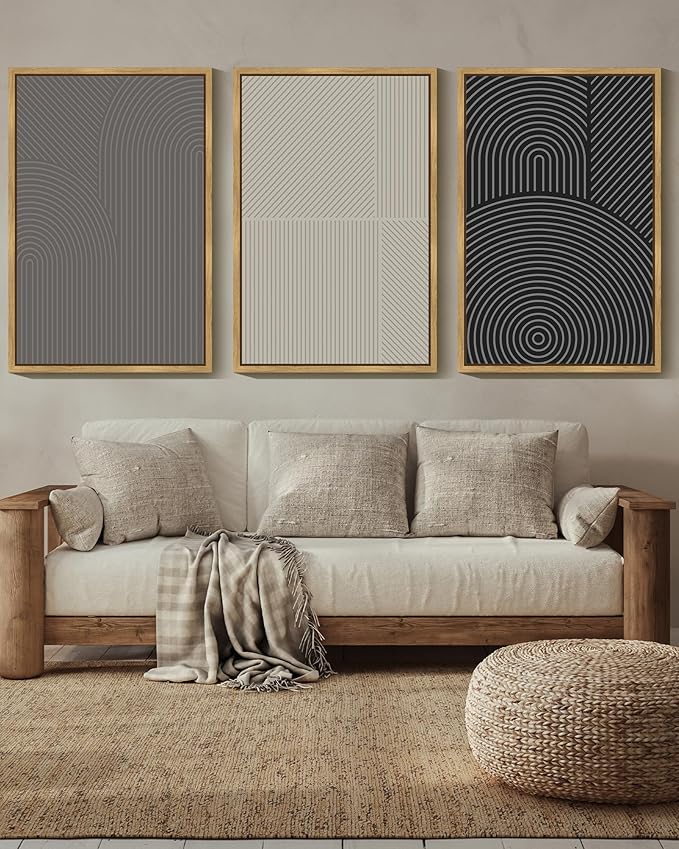 Drsoum Mid-Century Modern Framed Wall Art Large 24x36in Minimalist Abstract Boho Neutral Line Wall Decor Geometric Artwork Kitchen Dining Room Black Framed