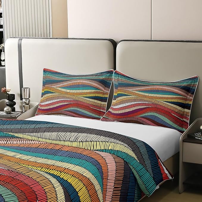 100% Organic Cotton Boho Duvet Cover Queen Bohemian Wavy Bedding Set Rainbow Embroidered Waves Comforter Cover Geometric Tribal Ethnic Bedroom Decor Colorful Abstract Quilt Cover For Adult