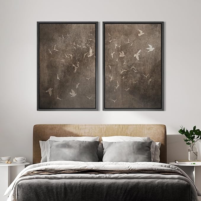 IDEA4WALL Framed Canvas Print Wall Art Set Flying Birds Silhouette Rustic Neutral Tone Abstract Illustrations Modern Art Decorative Calm/Zen for Living Room, Bedroom, Office - 16"x24"x2 Black