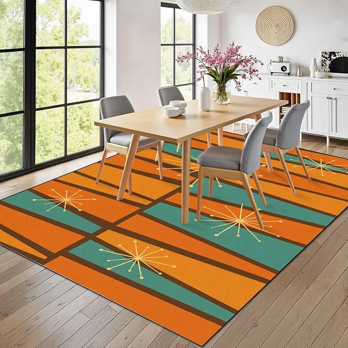 10x14 Area Rugs for Bedroom Boho Washable Rug for Living Room 50s Mid Century Modern Vintage Retro 1950s Mod Fifties Carpet for Dining Room Soft Rubber Backed Non-Slip Carpets for Bedroom Office