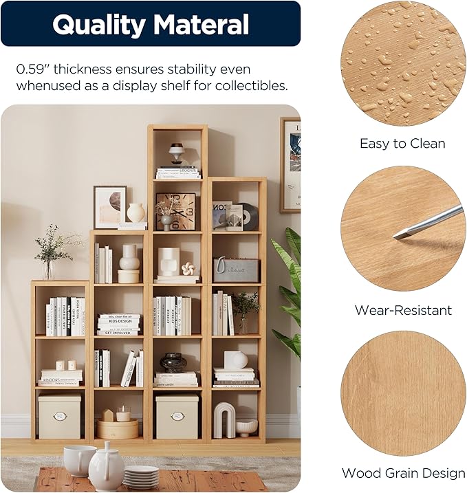 6 Cube Storage Organizer Single Row, Cube Shelf with Heavy-Duty Thick Boards, 13.31"L x 9.37"W x 72.36"H, Smooth Easy-Clean Panels, Simple Assembly, for Living Room Bedroom Children Room, Natural Oak