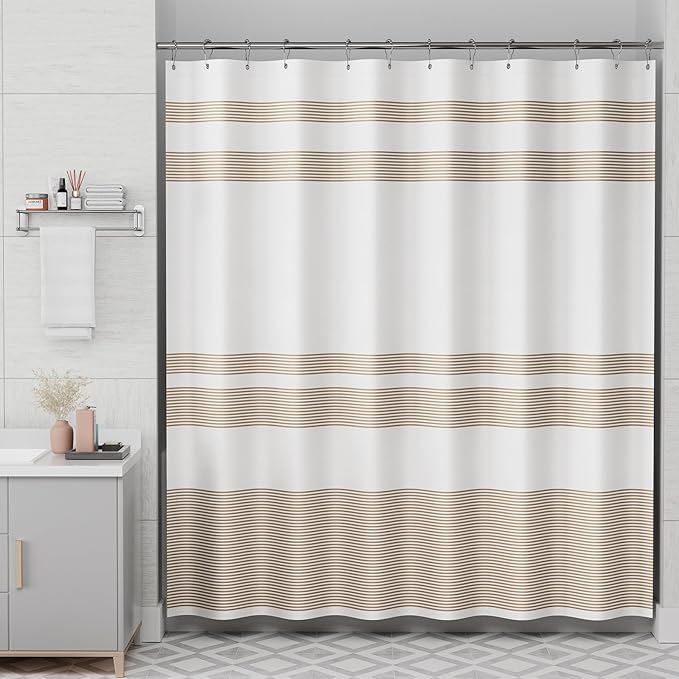 AmazerBath Shower Curtain, 72x72 Washable Cloth Neutral Light Tan Shower Curtain with 12 Hooks, Fabric Khaki and White Striped Set, Farmhouse Bathroom Shower Curtain