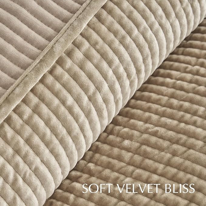 EverGrace Velvet Quilt Set California King 118'' x 106'', Luxurious Soft Bedding Sets, Lightweight Velvet Comforter for All Season, Striped Oversized Bedspread Coverlet w/ 2 Shams, Urban Taupe