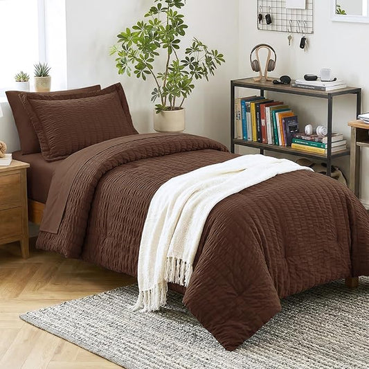 CozyLux Twin XL Comforter Set for College Dorm, 5 Pieces Brown Seersucker Twin Extra Long Bed in a Bag, Down Alternative Bedding Set with Comforter, Sheets, Pillowcase & Sham, Back to School Gift