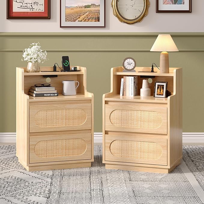 VINGLI Night Stand Set of 2, Rattan Nightstands with Charging Station, 17.72" W Boho Wood Nightstand for Bedroom, Bed Side Table with Charging Station, Wooden Night Stands Oak, Real Rattan End Table